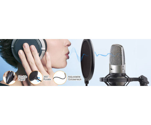 Microphone Radio Broadcasting Stand with 3/8"to 5/8" Screw Adapter and Windscreen Pop Filter