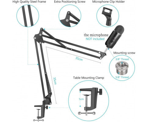 Microphone Radio Broadcasting Stand with 3/8"to 5/8" Screw Adapter and Windscreen Pop Filter