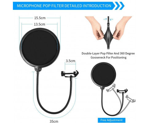 Microphone Radio Broadcasting Stand with 3/8"to 5/8" Screw Adapter and Windscreen Pop Filter