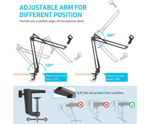 Microphone Radio Broadcasting Stand with 3/8"to 5/8" Screw Adapter and Windscreen Pop Filter