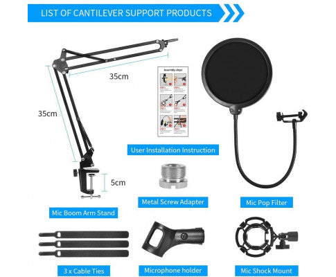 Microphone Radio Broadcasting Stand with 3/8"to 5/8" Screw Adapter and Windscreen Pop Filter