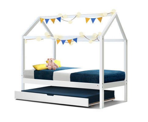 Bed Frame Wooden Trundle Daybed Kids House Frame White (Single Size)