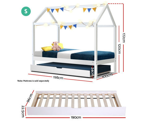 Bed Frame Wooden Trundle Daybed Kids House Frame White (Single Size)