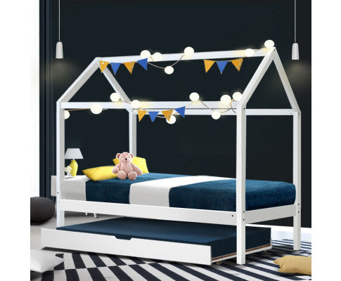 Bed Frame Wooden Trundle Daybed Kids House Frame White (Single Size)