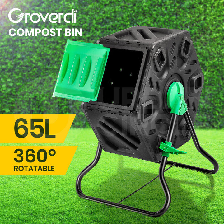65L Compost Tumbler Chamber Compost Bin Composter 360° Rotating Recycle