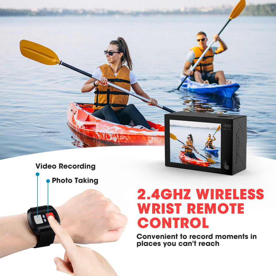 4K 20MP Action Camera EIS External Microphone Remote Control  WiFi Waterproof Camera with 170° Wide Angle and 2 Batteries