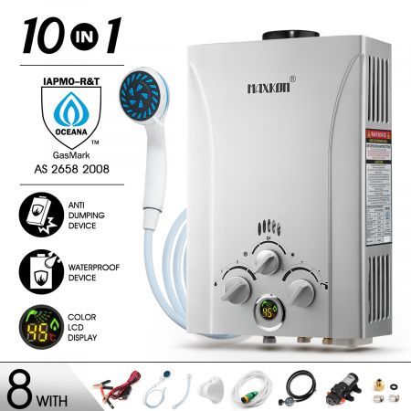 Portable Outdoor Gas LPG Instant Shower Water Heater - Silver 10 in 1 550L/Hr