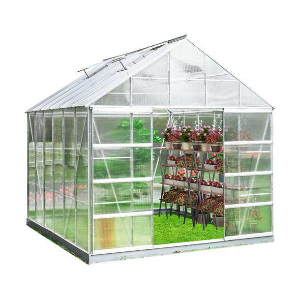 Mellcom 12' x 10' Walk-in Polycarbonate Greenhouse, Outdoor Aluminum Hard Frame Hobby Green House with Adjustable Roof Vent