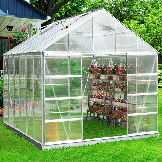 Mellcom 12' x 10' Walk-in Polycarbonate Greenhouse, Outdoor Aluminum Hard Frame Hobby Green House with Adjustable Roof Vent