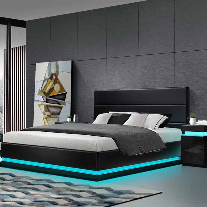 Luxury Bed Frame in Black Leather with RGB LEDs