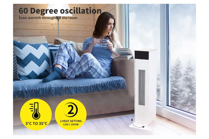 Portable Electric Heater with Oscillating Ceramic Tower (2000W)