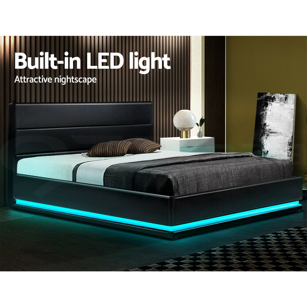 Luxury Bed Frame in Black Leather with RGB LEDs