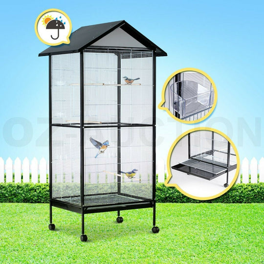 Large Stand-Alone Parrot Pet Budgie Canary Aviary Bird Cage On Wheels Apex Roof